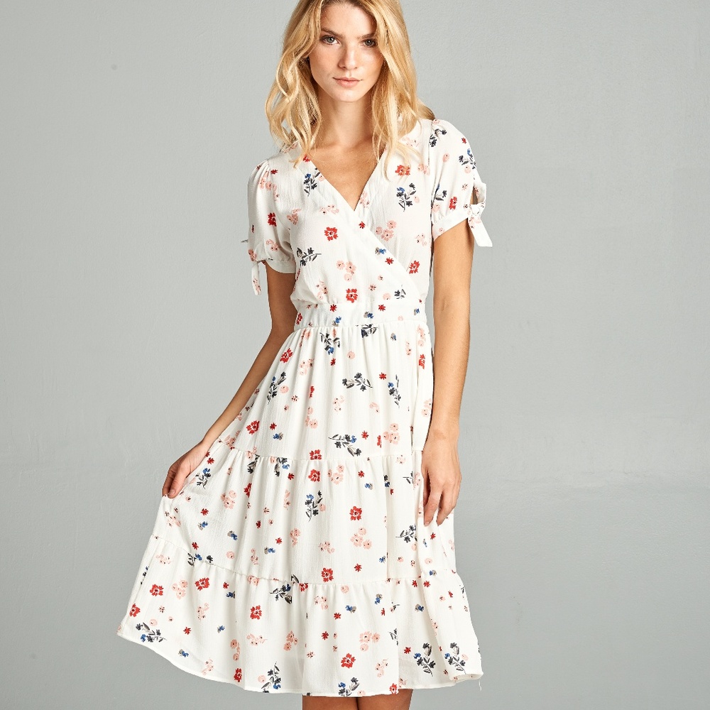 Ivory Floral Tie-Sleeve Surplice Dress